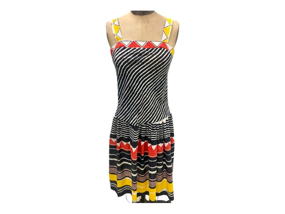 Vintage 70s Striped Abstract Pattern Sun Dress Sm… - image 1