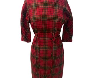 70s Vintage Red Plaid Wool Dress Mod Style Small