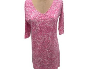 Vestido Lilly Pulitzer de algodão rosa e branco com estampa tropical, pequeno