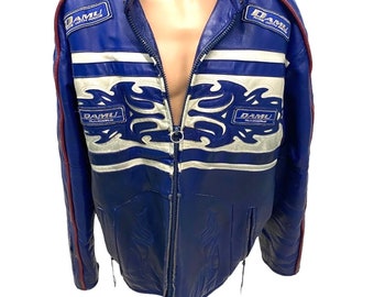 Blouson en cuir Damu Racing Cafe bleu blanc vintage, taille TG