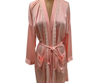 Vintage Pink Nylon Belted Robe W/ White Lace Trim Large