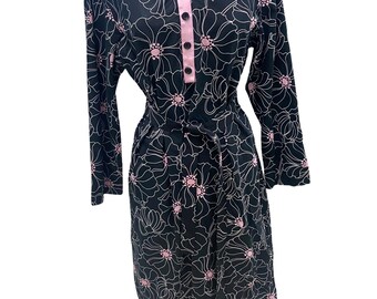 Vintage Designer Coat Black W/ Pink Floral Pattern Maxi Dress Med