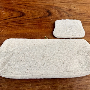 Vintage 1960s Jorelle Long White Beaded Evening Bag &/ Change Purse Made in Japan