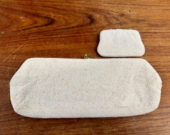 Vintage 1960s Jorelle Long White Beaded Evening Bag &/ Change Purse Made in Japan