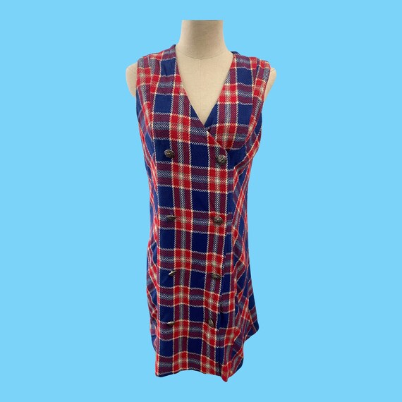 Classic Vintage 1970's Red Blue Plaid Wool Dress … - image 1