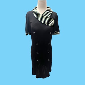 Fabelhaftes 1970er Jahre Schwarz Mod Style Midi Kleid W / Gestreifte Akzente Größe Medium