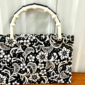 Vintage 1970s Plastic Black White Floral Handbag W/ Faux Bamboo Handles