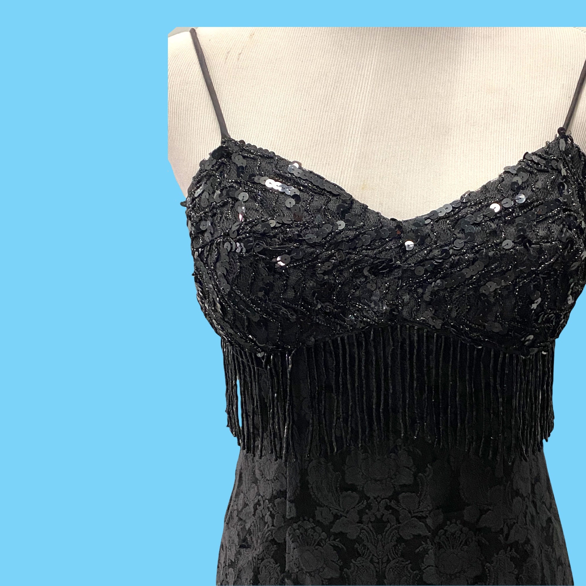 80s vntg dramatic black glam party dress featuring big sequined mosquito figure and huge shoulder pads. By the outlets Greek designer Pepi Zografou