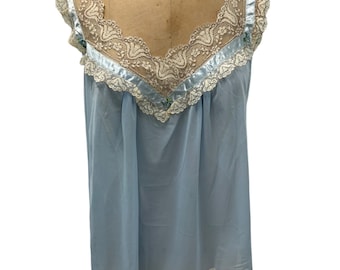 Vintage Baby Doll Blue Nylon Sleeveless Pajama Top W/ Lace Trim Large