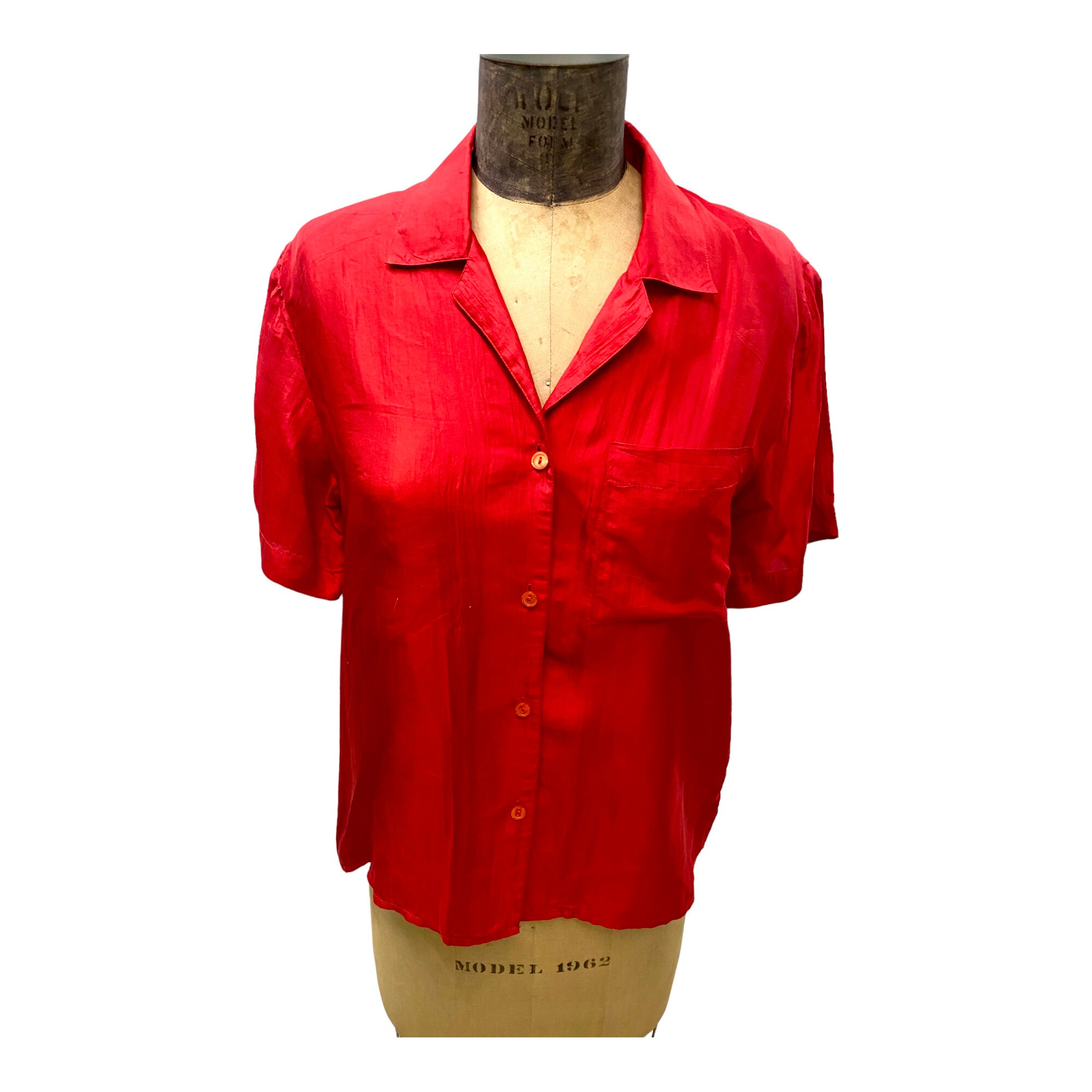Vintage Hana Sung Red Silk Blouse Size 6