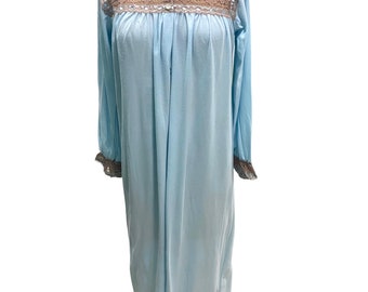 Vintage Avian Brushed Cotton Aqua Blue  Nightgown Med NWT Lace Trim