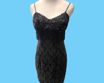 Vintage Zum Zum Black Sequined Beaded Spagehtti Straps Mini Dress 5/6