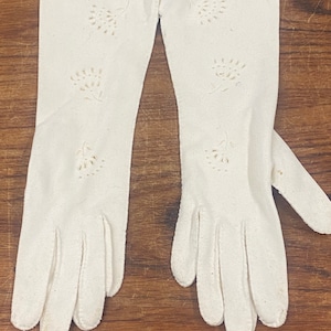 Vintage Long White Cotton Gloves W/ Floral Eyelet Cut Out - Small