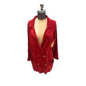 Vintage Ralph Lauren Red Plush Cardigan Sweater Jacket W/ Bullion Wire Crest Small
