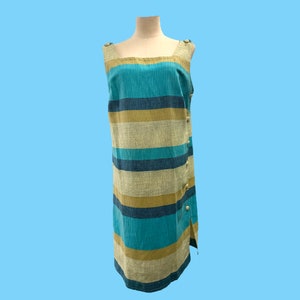 Vintage 1960s Wide Retro Striped Sack Dress Side Buttons
