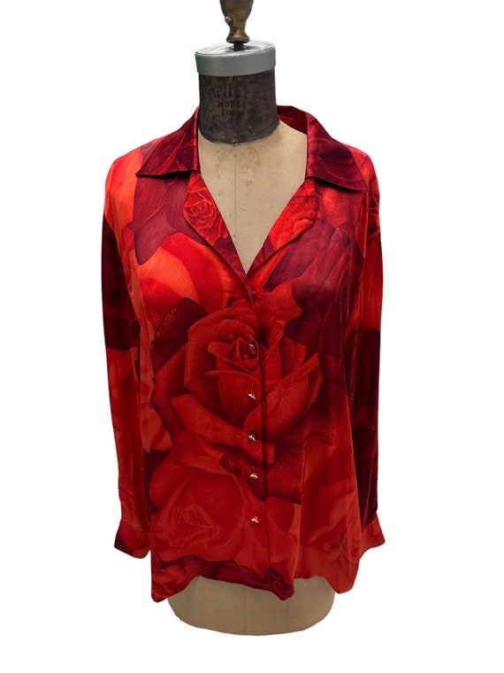 Vintage Escada Margaretha Ley Red Floral Silk Blou
