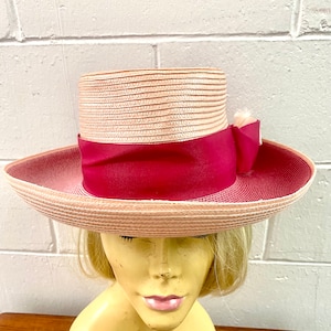 Vintage 1960&#39;s Emma Boutique Summer Pink Straw Hat W/ Rose Pink Brim Size 22