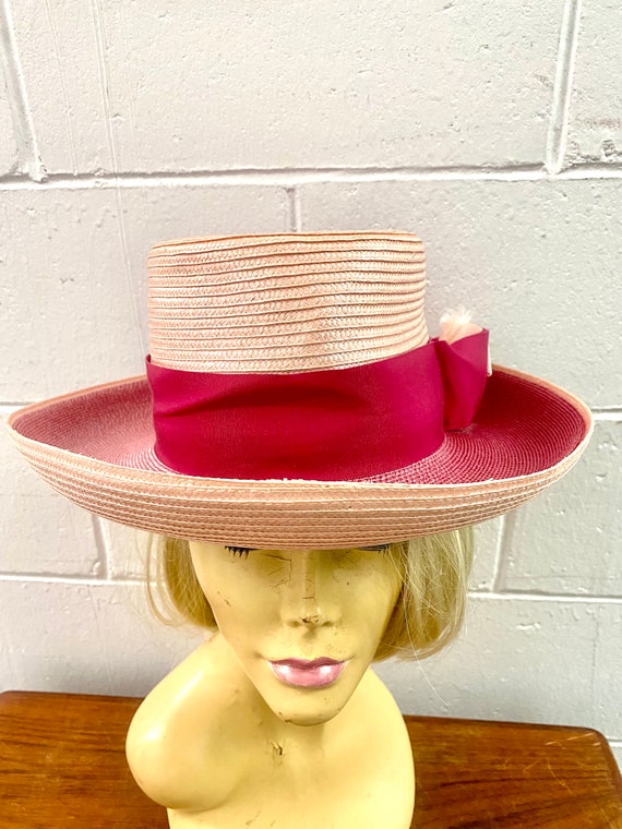 Vintage Hot Pink Wide Brim Straw Fedora with Black Band Women main image 3