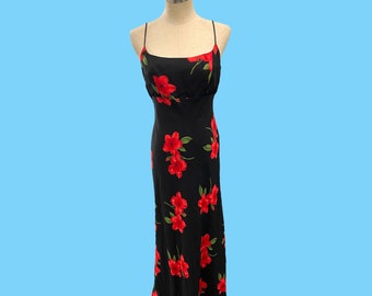 Vintage Betsy & Adam By Jaslene Spaghetti Strap Maxi Black Red Floral Cocktail Dress 6P