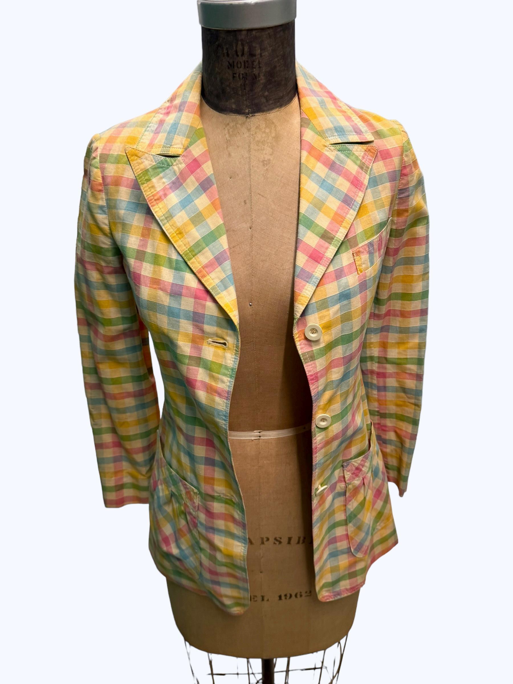 Vintage 1970s Micmac St Tropez Cotton Pastel Plaid Jacket Size 6
