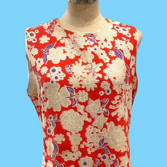 Vintage 1970s Red Floral Linen Summer Dress - Med - image 2