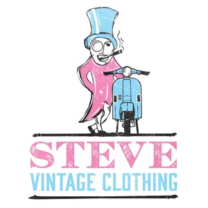 May include: A vintage clothing logo featuring a cartoon man in a pink suit and a blue top hat, holding a pipe and standing next to a blue scooter. The text "STEVE VINTAGE CLOTHING" is below the image.