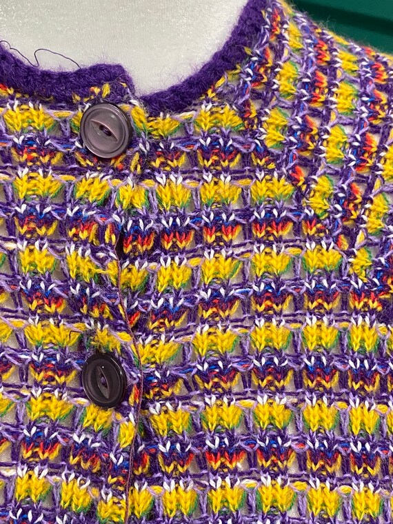 Vintage 1970s Bright Purple Yellow Knitted Wool P… - image 3