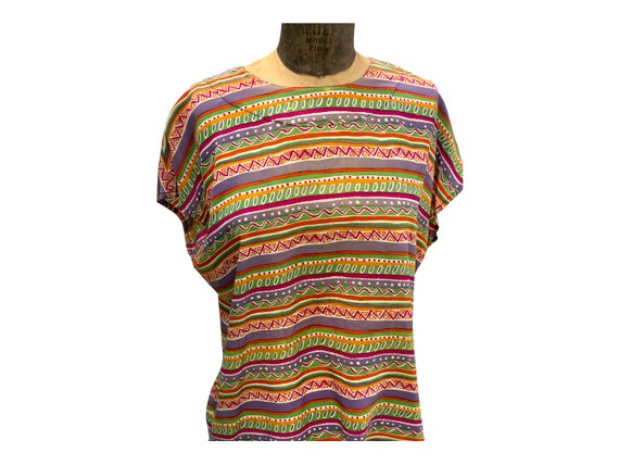 Vintage 70's Rodier Silk Bright Colorful Tribal P… - image 2
