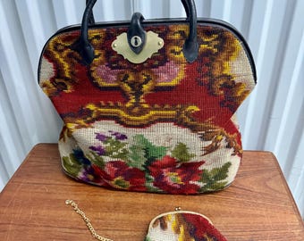 Vintage Koret 1960s Oversized Tapestry Carpet Travel Handbag & Change Purse
