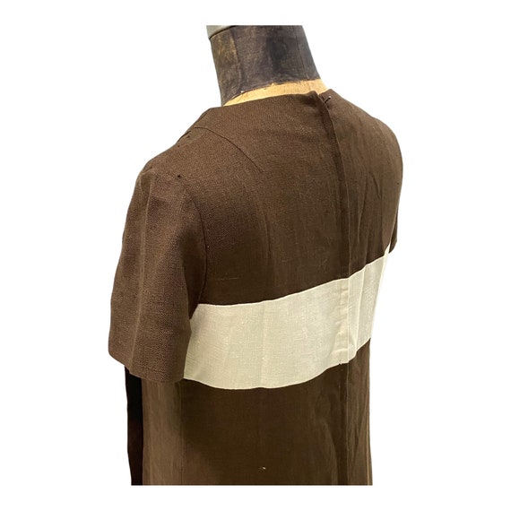 1970s Brown Linen With White Stripe Dress Med - image 6