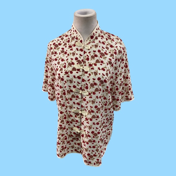 Vintage Chinese Style Blouse Red White Floral Des… - image 1