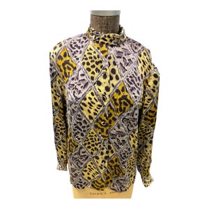 1980s Vintage Bob Mackie Silk Blouse Leopard Animal Print Size 6