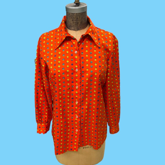 Vintage Orange print button blouse ^^^ m