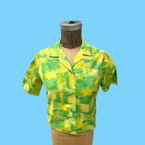 Vintage 1960s Green Yellow Tie Dye Wax Batik Summer Shirt Med.