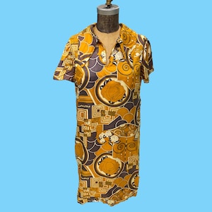 Vintage 1970s Gold Brown Mod Pattern Midi Silk Dress Med