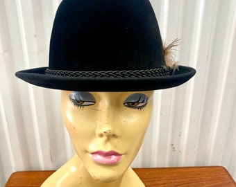 Vintage Wallachs Mt. Everest Black Velour Fur Hat Fedora Braiding & Charm,