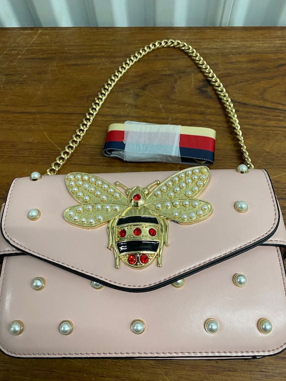Pink Faux Leather Bejeweled Gold Ladybug Handbag N