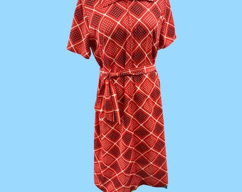 1960'S Vintage Shelton Strollers Red Graphic Dot  Print Dress W/  Belt - Small