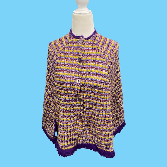 Vintage 1970s Bright Purple Yellow Knitted Wool P… - image 1