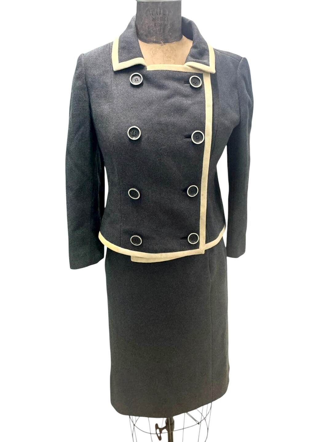 Vintage 196os Jack Seit Grey W/ Cream Trim 2 Piece Skirt Suit Sz 8