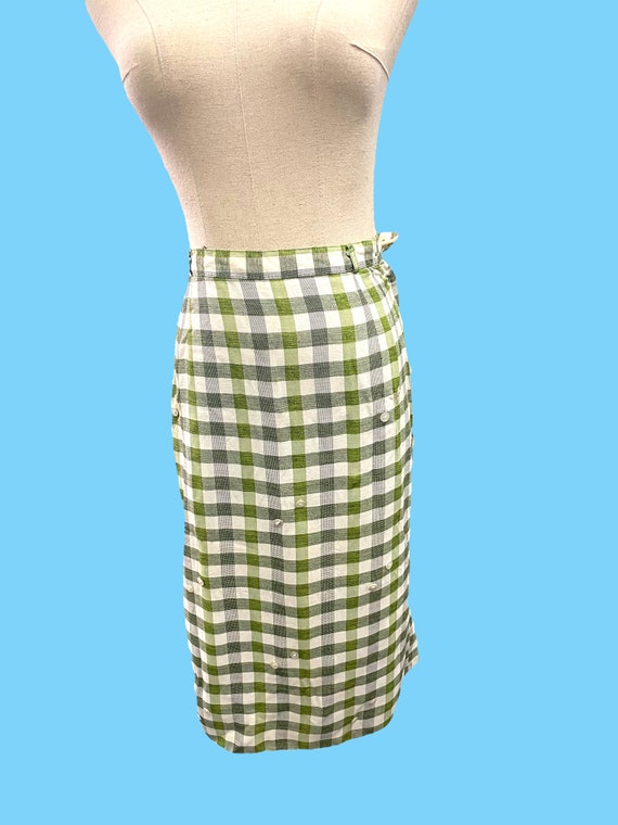 Vintage 1950s Green White Plaid Cotton Pencil Ski… - image 1