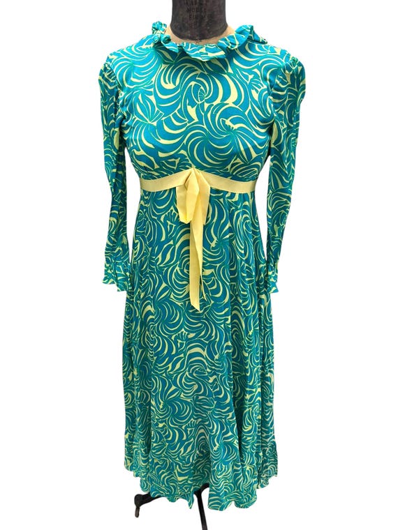 70s Vintage Boho Green Swirl Pattern w/ Yellow Ribbon Silk Maxi Dress Xs - Small