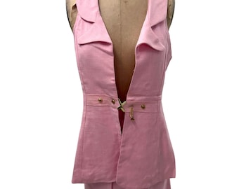 70s Vintage Pink Linen 2 Piece Set A-Line Peplum Vest & Skirt Small