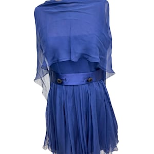 Vintage 60s Moe Nathan Blue Satin Chiffon Evening Cocktail Dress W/ Capelet Small