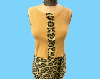 Vintage 70's imitación piel de leopardo ribete sin mangas top Med