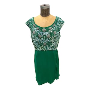 Vintage Green Crepe Sequin Beaded Evening Dress Med Large