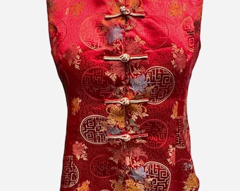 Vintage Red Silk Asian Brocade Sleeveless Top M/L