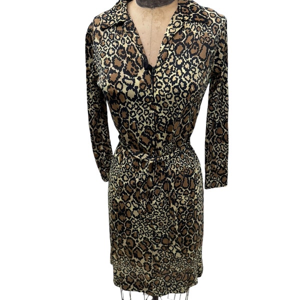 Vintage 1960s Leopard Print Belted Nylon Dress Small