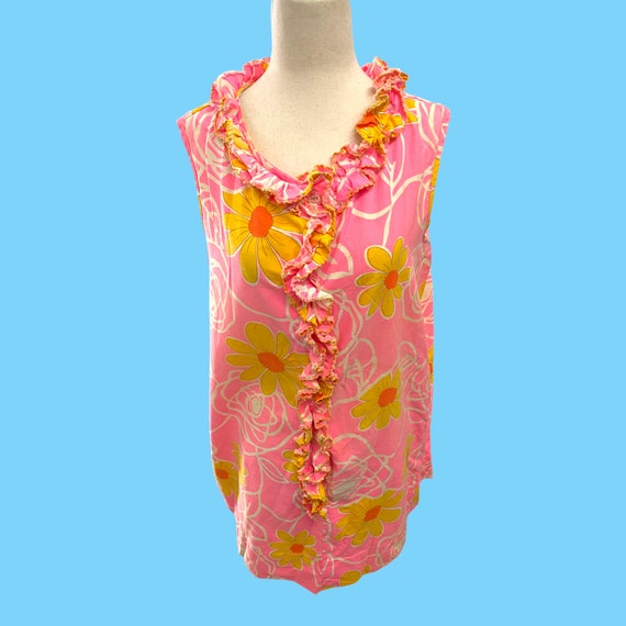 Bright Pink With Yellow Flowers Retro Vintage 197… - image 1