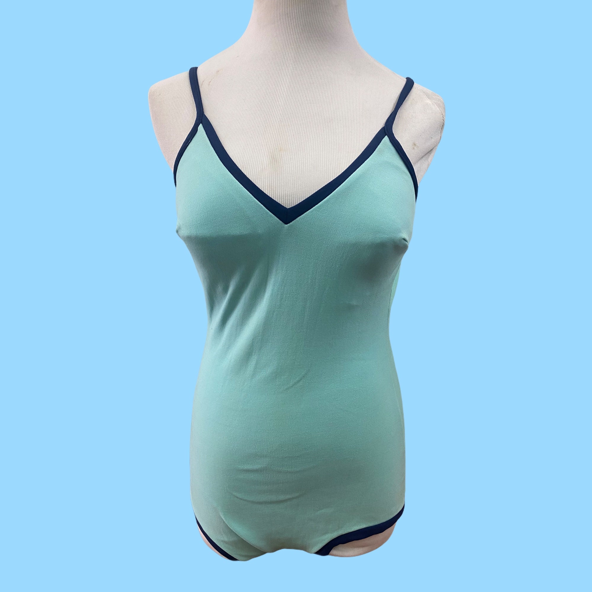 Vintage Slix One PIece Aqau Blue Swimsuit Size 36 Made In England